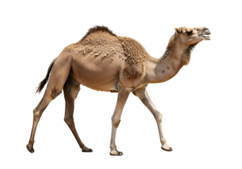 Brown Dromedary Camel Walking Isolated on White Background with Copy Space