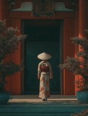 Serene Woman in Traditional Attire Walking Towards a Temple Entrance Surrounded by Nature