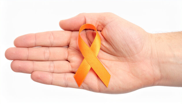 Human hand holding orange awareness ribbon, symbol of leukemia, multiple sclerosis, gun violence - Powered by Adobe