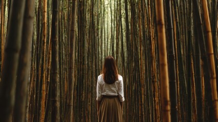 Woman Standing in Serene Bamboo Forest Surrounded by Tall Green Stalks and Natural Light