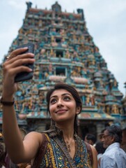 Woman Taking Selfie in Front of Ornate Temple with Vibrant Colors and Intricate Designs