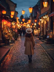 Woman in Elegant Coat Walking Through Enchanting Lantern-Lit Street at Dusk