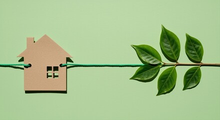 eco-friendly house and green leaves on pastel background representing sustainable living