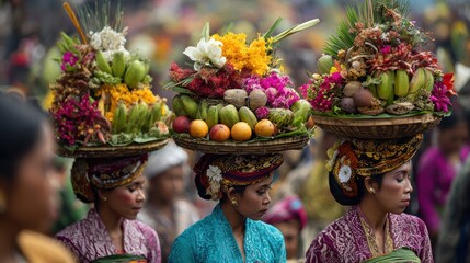 Traditional Balinese Ceremony with Women Carrying Offerings on Heads in Colorful Attire