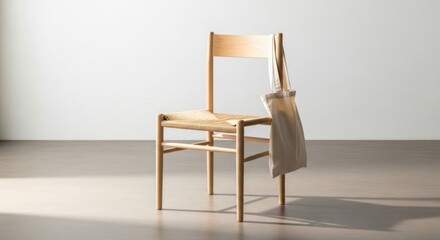 Light wood chair with woven seat and beige tote bag hanging on back image