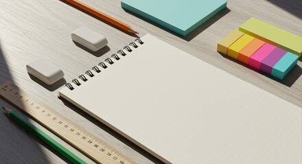 flat lay top view of blank notebook with colorful sticky notes and stationery on wooden table