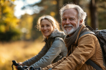 Happy senior couple cycling through nature on a sunny day. Symbol of health, joy, and freedom in an active retirement lifestyle.