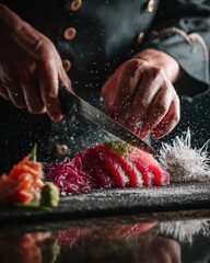 Chef Slicing Fresh Sushi with Precision in a Modern Culinary Setting