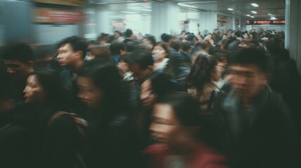 Busy Urban Subway Station with Crowded Commuters during Rush Hour in Motion Blur Effect