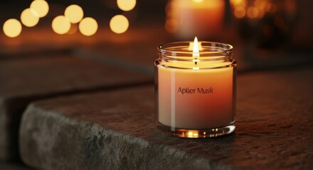 Lit Aptier Musk scented candle in glass jar with bokeh lights and stone surface lit candle