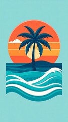 Obraz premium Tropical Paradise Serene Ocean View with Palm Tree and Sunset Illustration