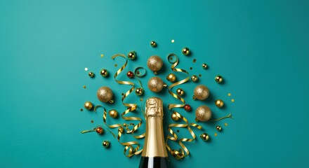festive celebration with champagne and golden decorations on teal background