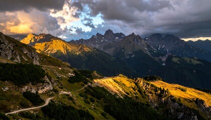 Mountain range bathed in golden sunlight under a dramatic, cloudy sky