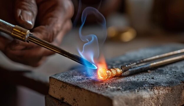 Slow motion macro close up of experienced goldsmith heating a precious metal for making a handmade jewelry in a workshop
