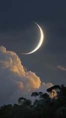 A crescent moon, bathed in golden light, ascends above a canopy of clouds and lush, dark green forest.