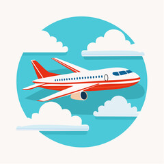 Airplane Flying in Blue Sky with Clouds Vector Illustration