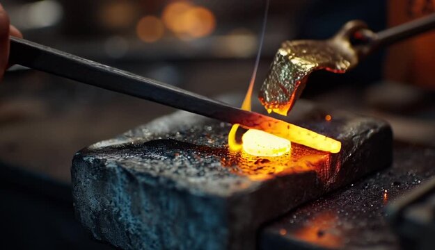 Slow motion macro close up of experienced goldsmith heating a precious metal for making a handmade jewelry in a workshop
