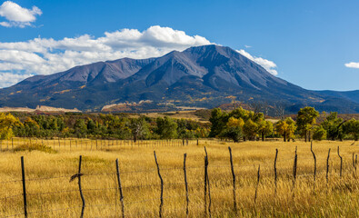 Scenic fall foliage landscape alongside the Highway of Legends National Scenic Byway, going from Walsenburg to Trinidad in Colorado