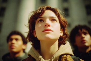 Fototapeta premium Looking upward, youth displays hope and determination against vibrant backdrop