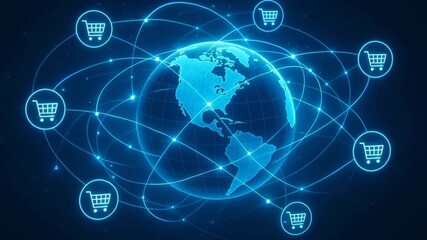 A futuristic digital globe interconnected with shopping cart icons, representing global e-commerce and online shopping trends. - Powered by Adobe