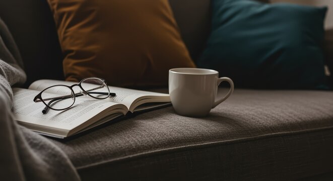 cozy reading nook with open book and glasses beside a coffee mug on a sofa