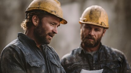 Fototapeta premium Two construction workers in hard hats discuss plans on a dusty site