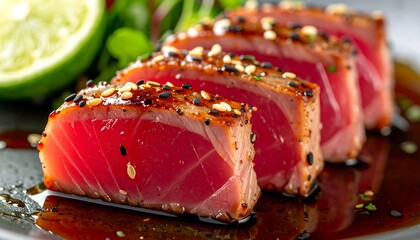 Grilled tuna steak slices garnished with sesame seeds and lime wedge