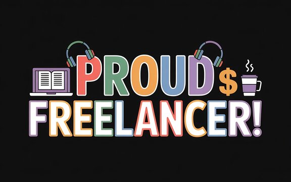Modern proud freelancer design on black background with laptop, headphones, coffee, and dollar sign