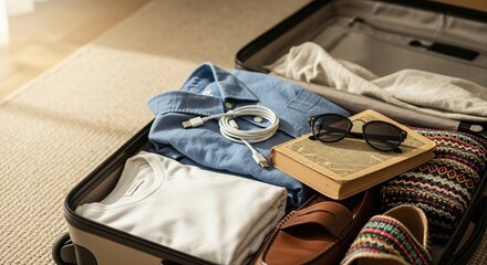 Naklejka premium open suitcase with clothing, book, and accessories prepared for a relaxing summer vacation