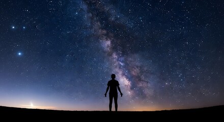 Fototapeta premium Lone figure gazes up at the majestic milky way galaxy under a starry night sky
