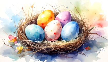 Obraz premium Watercolor Easter eggs in a nest