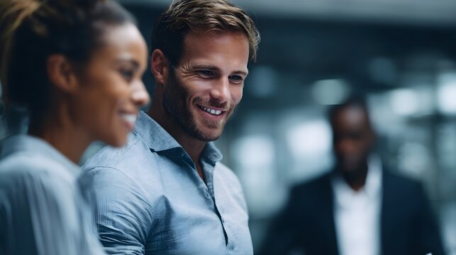 Three professionals two in the foreground smiling engage in a collaborative discussion within a modern office setting