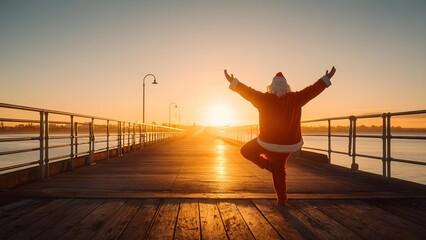Santa Claus on a wooden pier at sunset, arms outstretched while balancing on one leg. Concept Santa Claus, Sunset Pier, One-Leg Balance Pose, Holiday Photography, Warm Tones