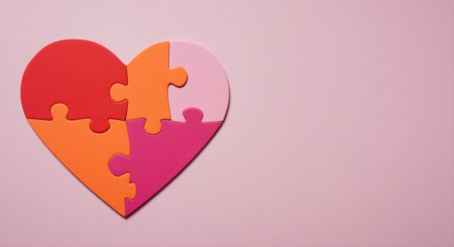 colorful heart-shaped jigsaw puzzle pieces on pink background representing unity and love