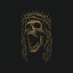 Dark Gothic Artwork of a Screaming Skull Wearing a Crown Made of Thorns on Black Background