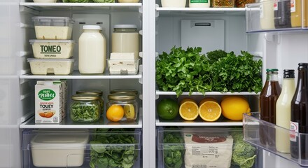organized refrigerator filled with fresh vegetables, fruits, and dairy products