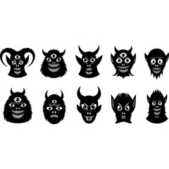 Set of Creepy Monster Faces with Multiple Eyes and Sharp Teeth.