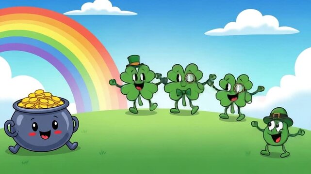 Cute cartoon four-leaf clovers dancing with a pot of gold under a rainbow.