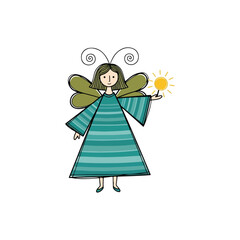 Whimsical hand drawn fairy girl with butterfly wings holding the sun.