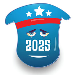 Sad 2025 Cartoon Face Badge – Blue Hat Icon with Stars, Red Stripe, and Tearful Expression Vector Illustration