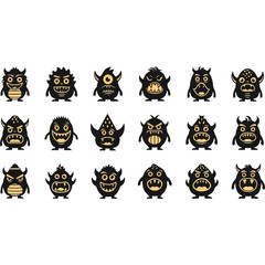 A diverse set of black and yellow cartoon monster character icons.