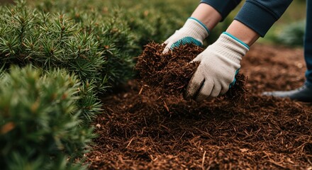 person applying mulch to garden bed with evergreen shrubs in a lush green outdoor landscape