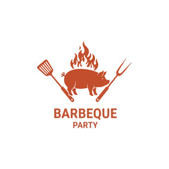 Barbecue Party Logo with Pig and Grill Utensils.