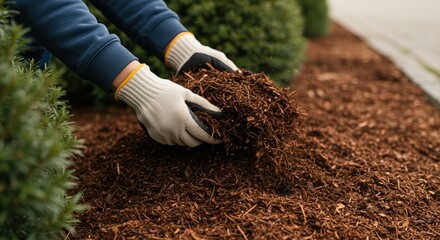 person laying fresh mulch in garden bed on a cloudy day for landscaping and plant care