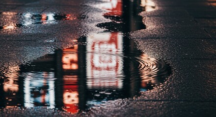 abstract reflection of urban neon lights in a rainy city street puddle at night