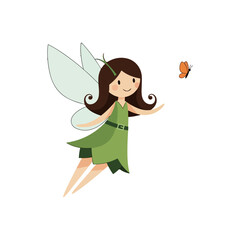 Cute cartoon fairy girl with brown hair flying towards a butterfly.