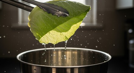 fresh lettuce leaf held above metal bowl with water droplets in kitchen setting