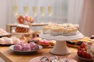 Buffet menu. Delicious desserts and drinks on table, selective focus