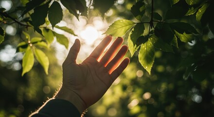 hand reaching towards sunlight through green leaves in peaceful forest setting