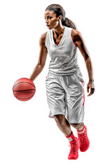 Female basketball player dribbling, focusing on the game